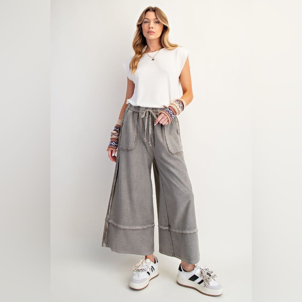 797 EASEL ASH MINERAL WASHED TERRY PALAZZO PANTS SML NWT - Picture 2 of 6